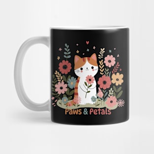 Paws and Petals | Cute Kawaii Kitty Cat with Flowers | Kitty Cat Lover Design Mug